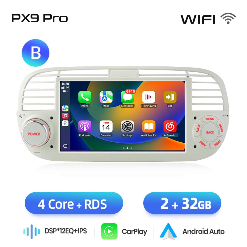 AWESAFE-Autoradio CarPlay sans fil pour Apple, Android 13, taxable 500, Abarth 2007, 2008, 2009-2015, écran de limitation, stéréo, GPS MyCarPlay