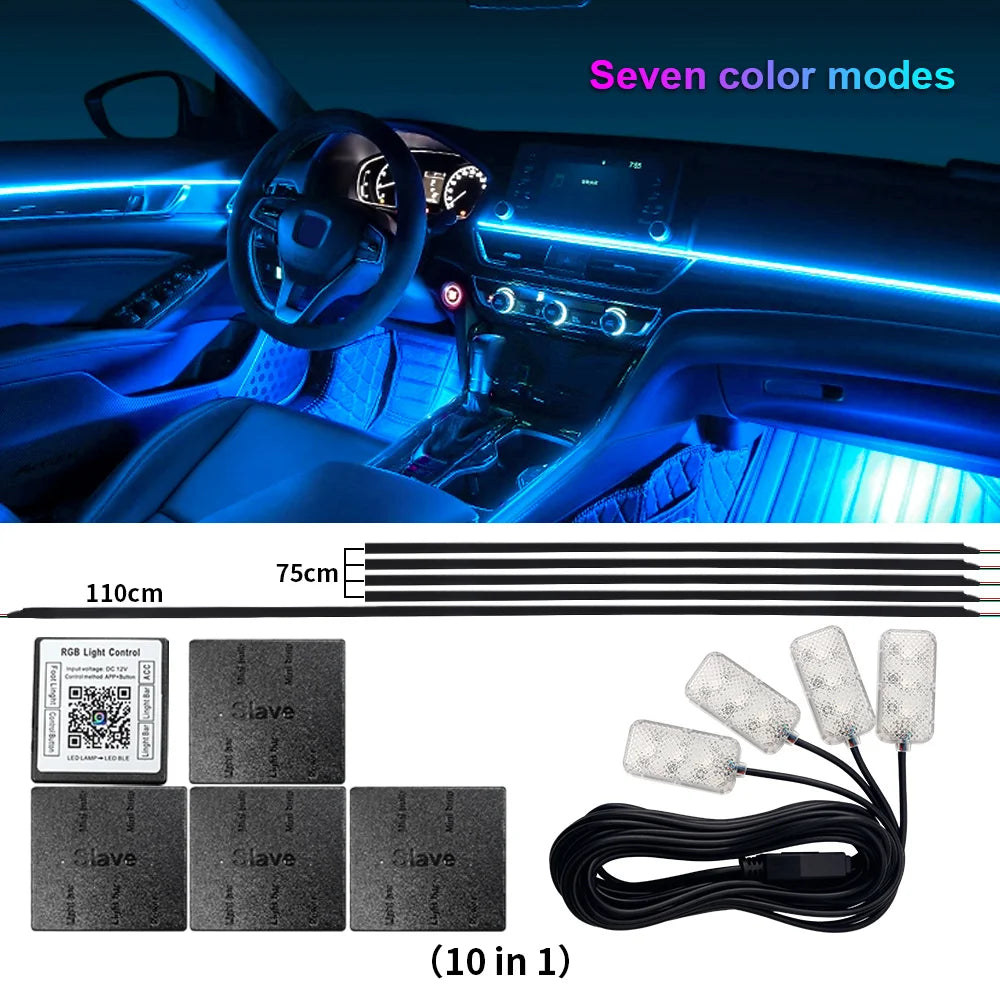 6/10/14/18 en 1 Led Acrylique Lumière Ambiante De Voiture RVB 64 213 Couleur Symphonie Acrylique APP Contrôle Bluetooth Streamer Atmosphère Lampe Kit 12V Une Zone Double Zone MyCarPlay