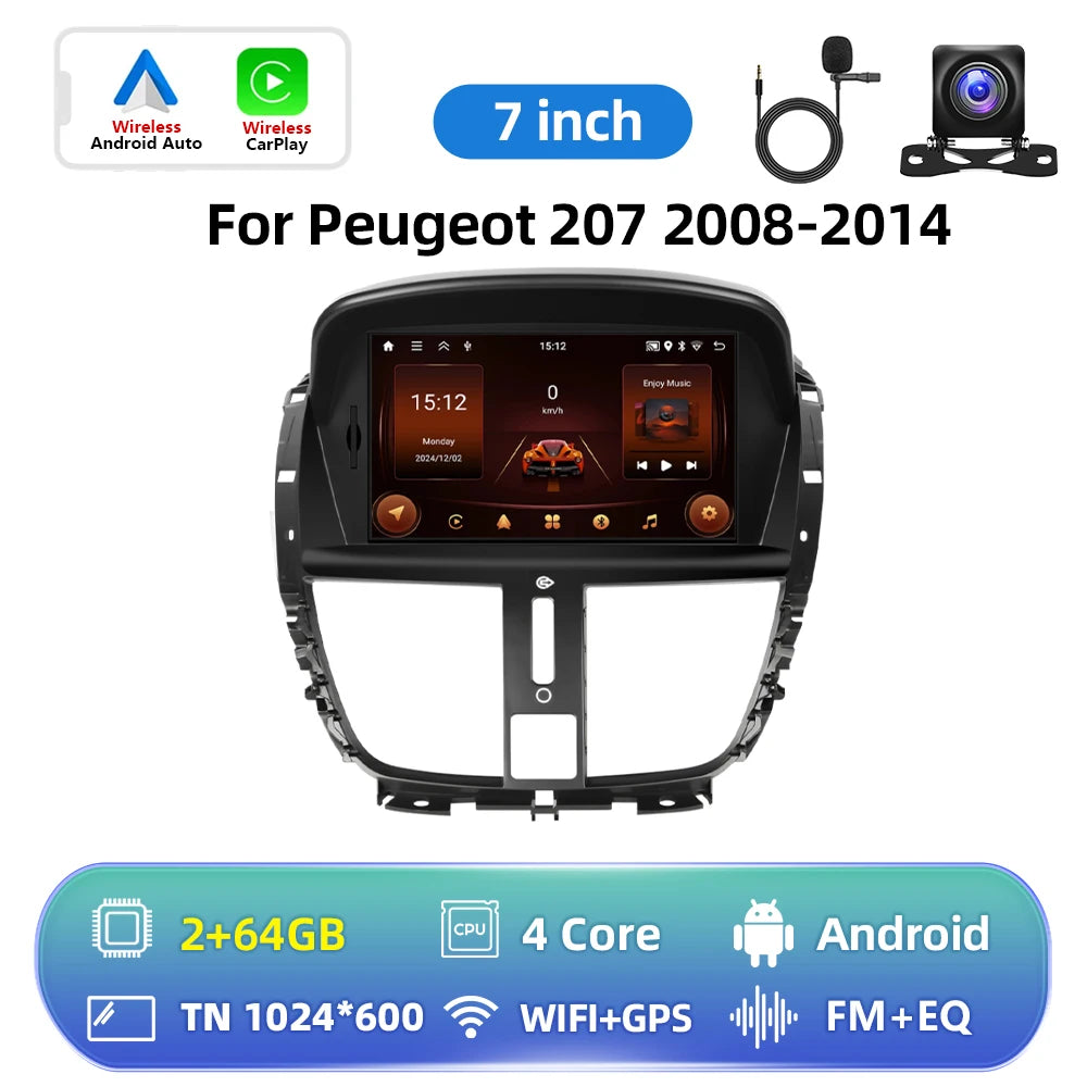 Hikity-Autoradio Android 2Din avec Écran Tactile de 7 Pouces, Navigation GPS, Récepteur FM RDS, Bluetooth, pour Voiture KIT 207 (2008-2014) MyCarPlay