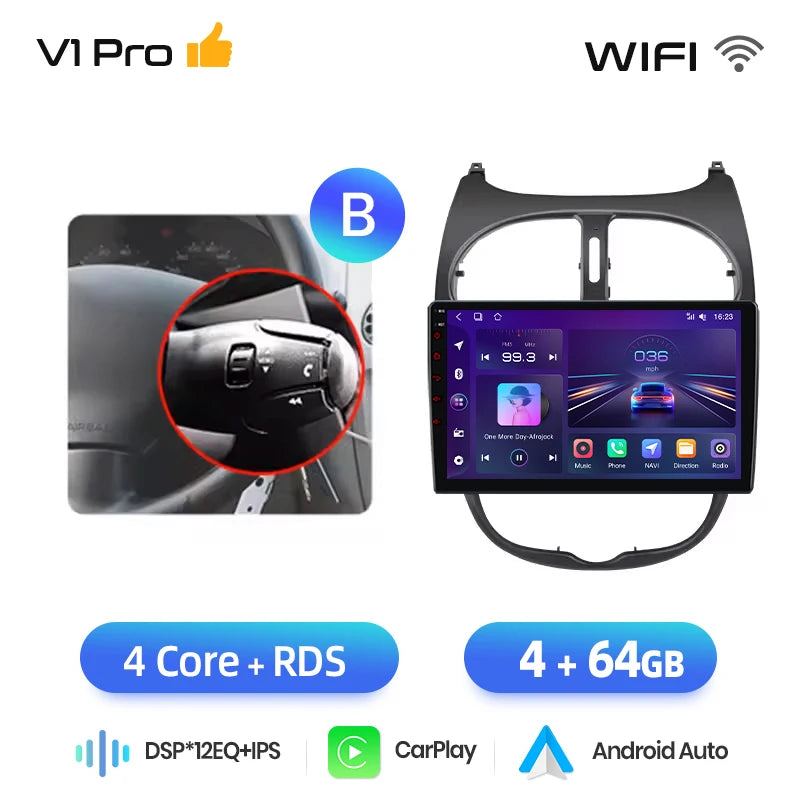 Junsun Android sans fil CarPlay Auto autoradio pour Peugeot 206 206CC 206SW 2001-2008 systèmes intelligents de voiture DSP SWC RDS GPS FM MyCarPlay