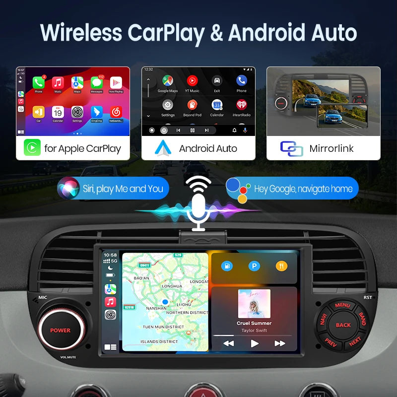 AWESAFE-Autoradio CarPlay sans fil pour Apple, Android 13, taxable 500, Abarth 2007, 2008, 2009-2015, écran de limitation, stéréo, GPS MyCarPlay