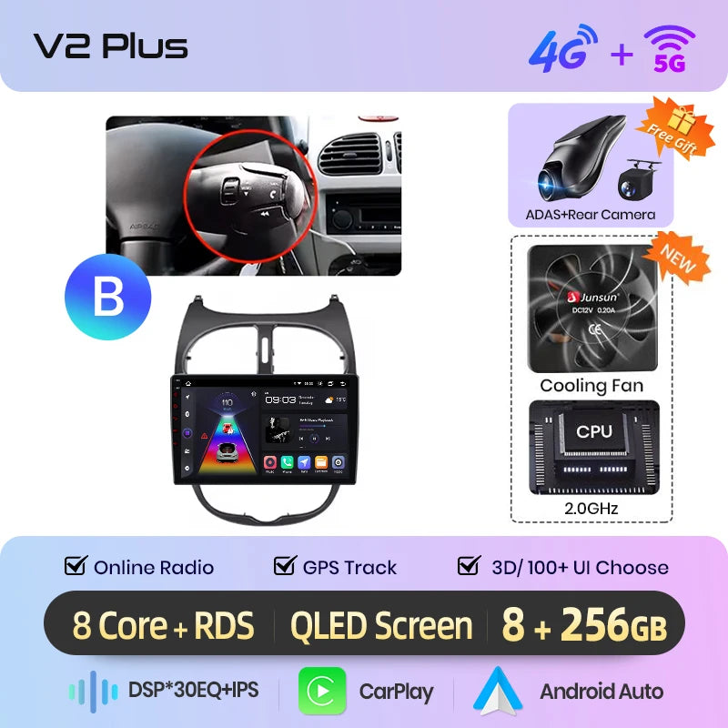 Junsun Android sans fil CarPlay Auto autoradio pour Peugeot 206 206CC 206SW 2001-2008 systèmes intelligents de voiture DSP SWC RDS GPS FM MyCarPlay