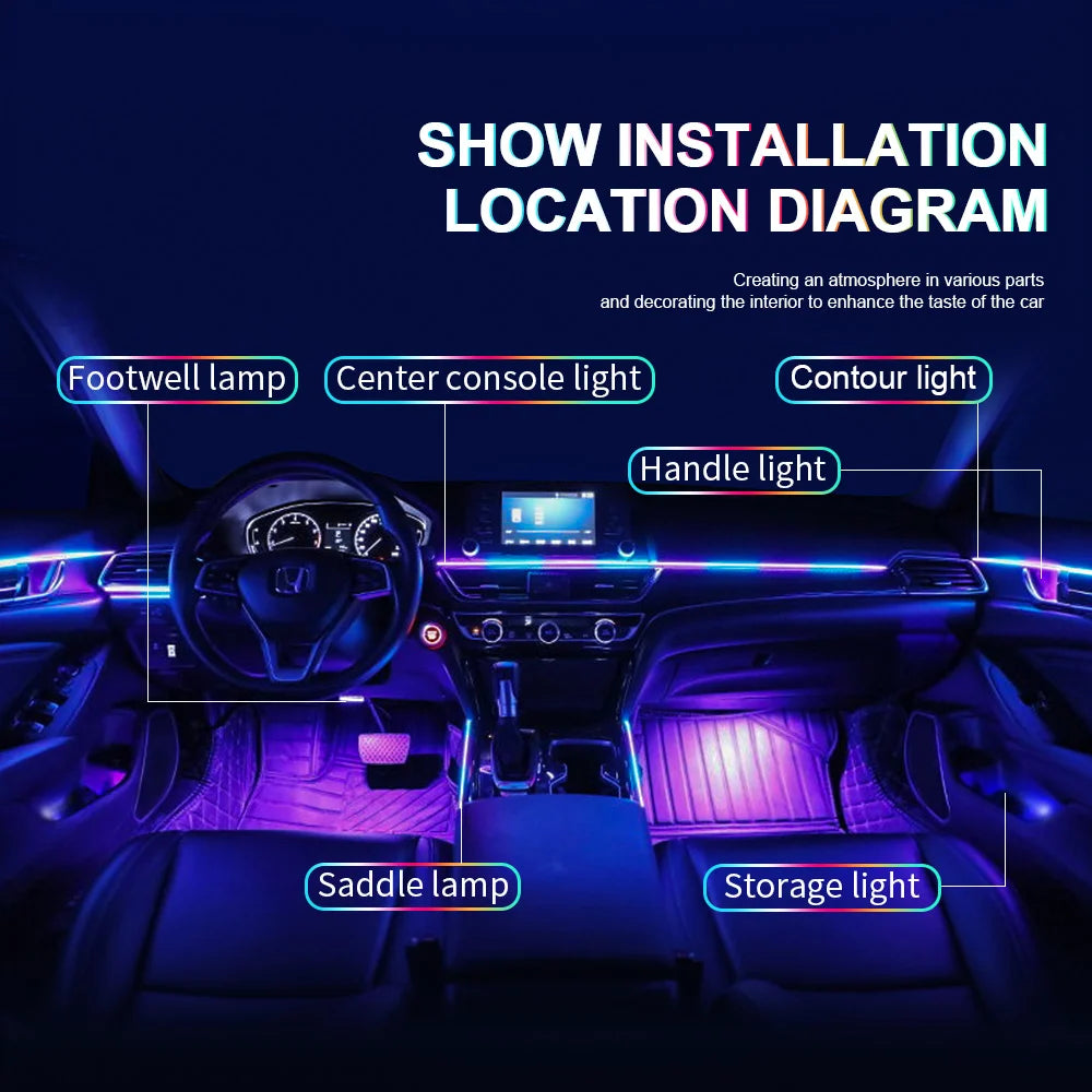 6/10/14/18 en 1 Led Acrylique Lumière Ambiante De Voiture RVB 64 213 Couleur Symphonie Acrylique APP Contrôle Bluetooth Streamer Atmosphère Lampe Kit 12V Une Zone Double Zone MyCarPlay