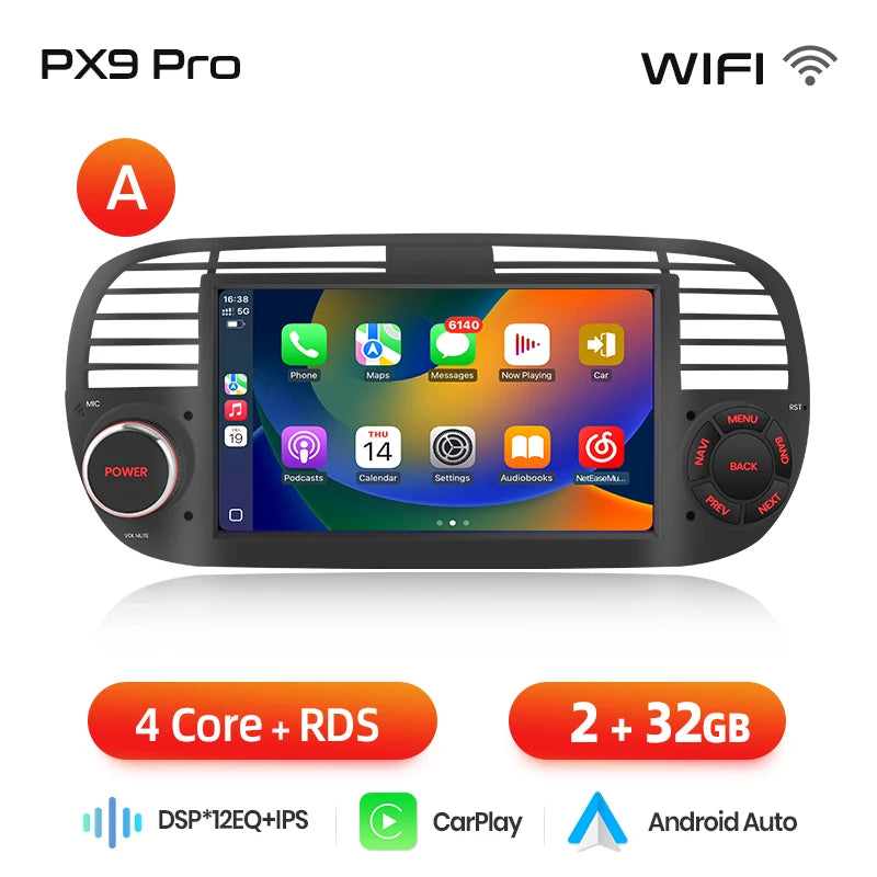 AWESAFE-Autoradio CarPlay sans fil pour Apple, Android 13, taxable 500, Abarth 2007, 2008, 2009-2015, écran de limitation, stéréo, GPS MyCarPlay