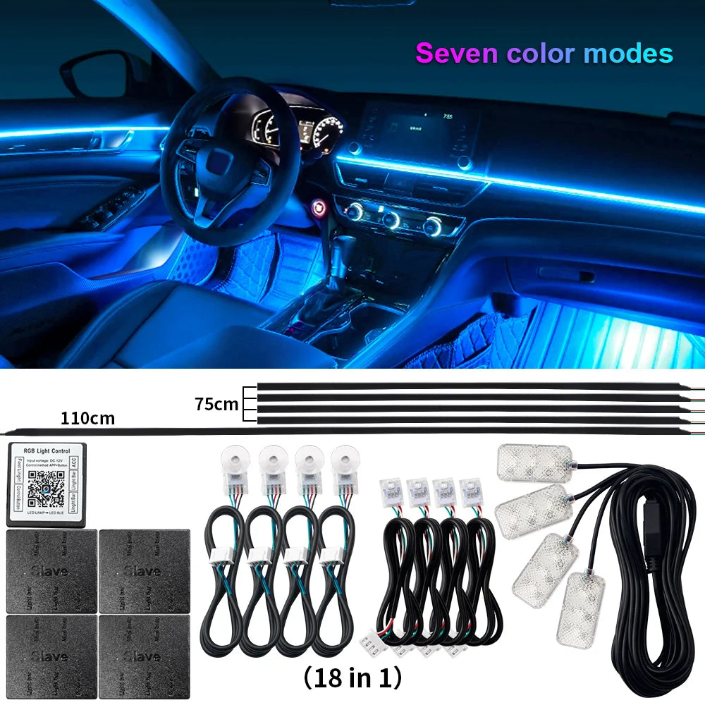 6/10/14/18 en 1 Led Acrylique Lumière Ambiante De Voiture RVB 64 213 Couleur Symphonie Acrylique APP Contrôle Bluetooth Streamer Atmosphère Lampe Kit 12V Une Zone Double Zone MyCarPlay