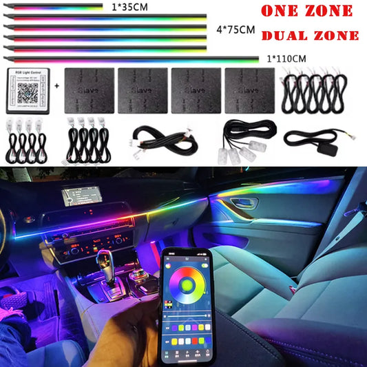 6/10/14/18 en 1 Led Acrylique Lumière Ambiante De Voiture RVB 64 213 Couleur Symphonie Acrylique APP Contrôle Bluetooth Streamer Atmosphère Lampe Kit 12V Une Zone Double Zone MyCarPlay
