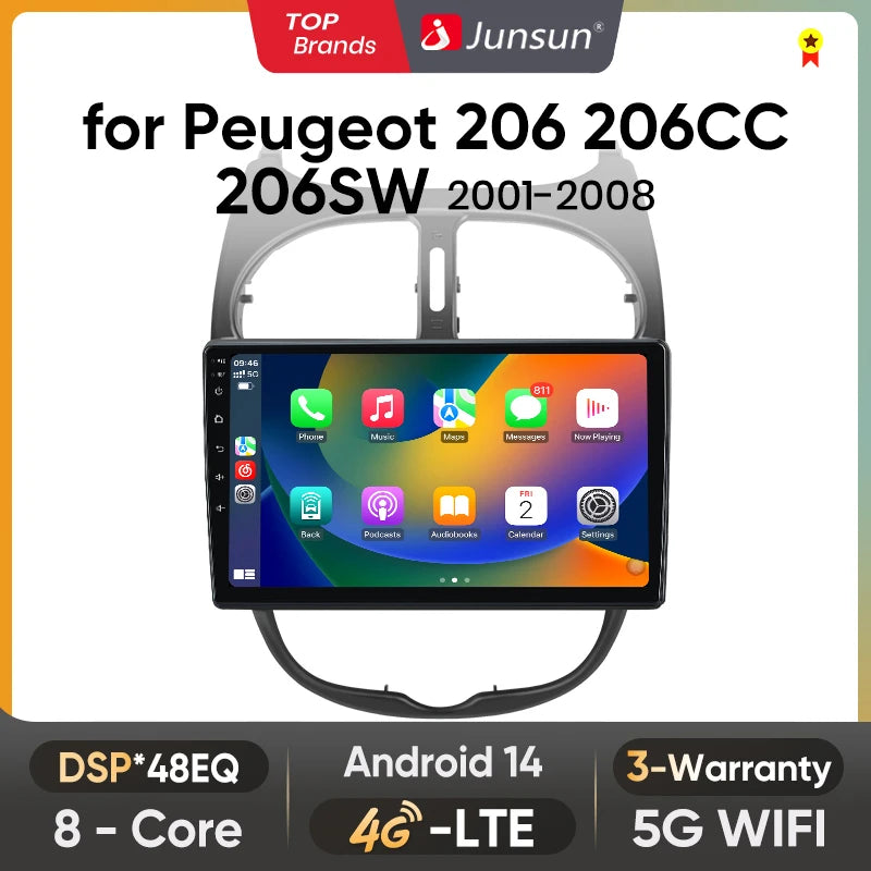 Junsun Android sans fil CarPlay Auto autoradio pour Peugeot 206 206CC 206SW 2001-2008 systèmes intelligents de voiture DSP SWC RDS GPS FM MyCarPlay
