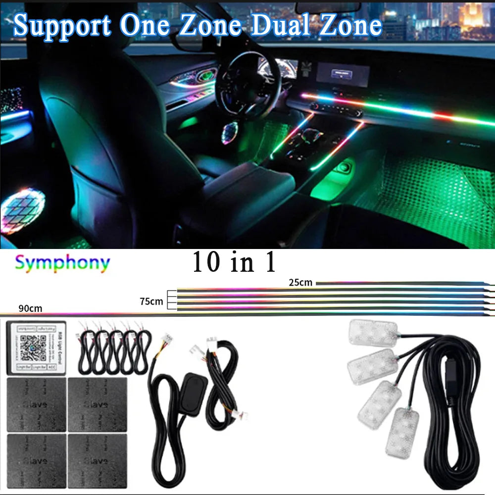 6/10/14/18 en 1 Led Acrylique Lumière Ambiante De Voiture RVB 64 213 Couleur Symphonie Acrylique APP Contrôle Bluetooth Streamer Atmosphère Lampe Kit 12V Une Zone Double Zone MyCarPlay