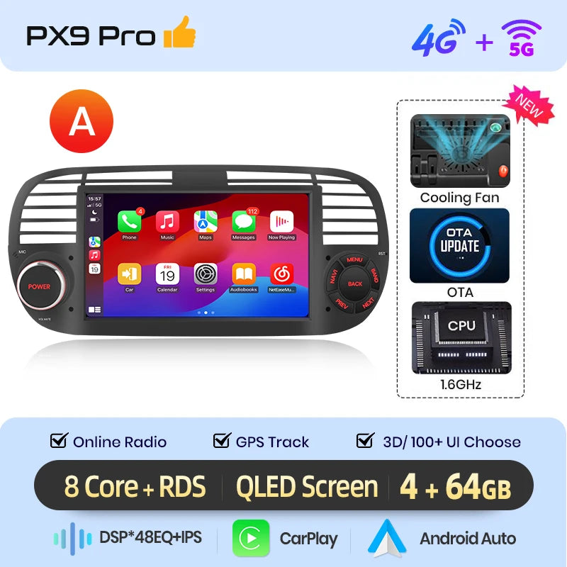 AWESAFE-Autoradio CarPlay sans fil pour Apple, Android 13, taxable 500, Abarth 2007, 2008, 2009-2015, écran de limitation, stéréo, GPS MyCarPlay