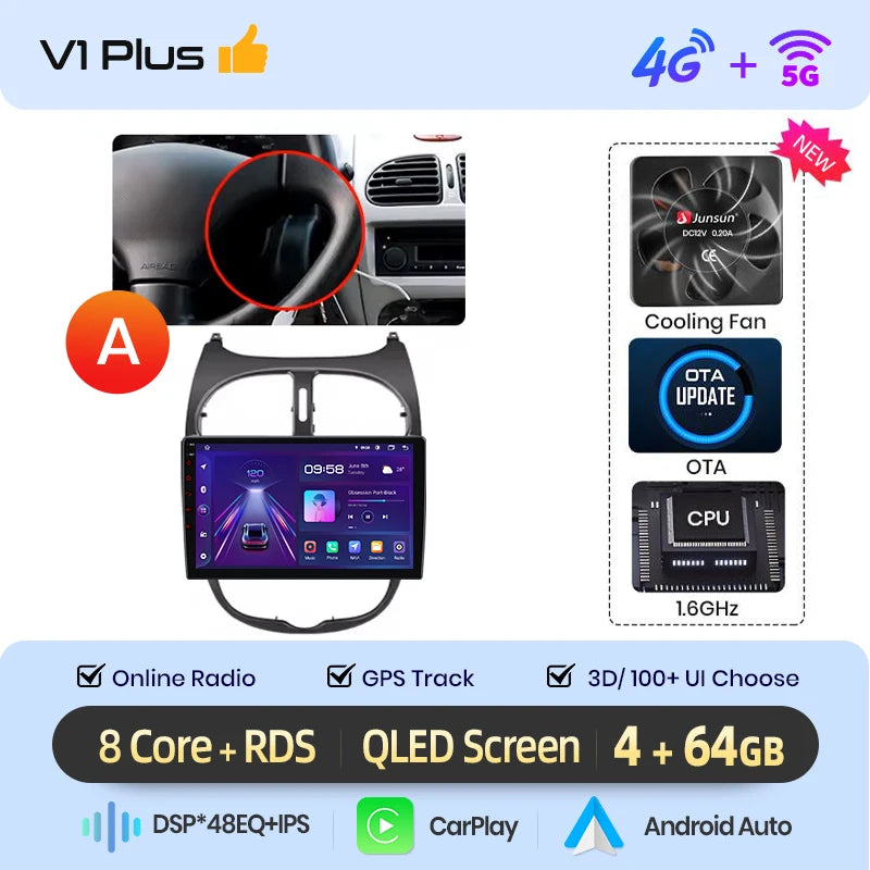 Junsun Android sans fil CarPlay Auto autoradio pour Peugeot 206 206CC 206SW 2001-2008 systèmes intelligents de voiture DSP SWC RDS GPS FM MyCarPlay