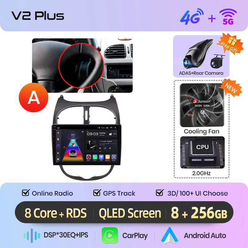 Junsun Android sans fil CarPlay Auto autoradio pour Peugeot 206 206CC 206SW 2001-2008 systèmes intelligents de voiture DSP SWC RDS GPS FM MyCarPlay