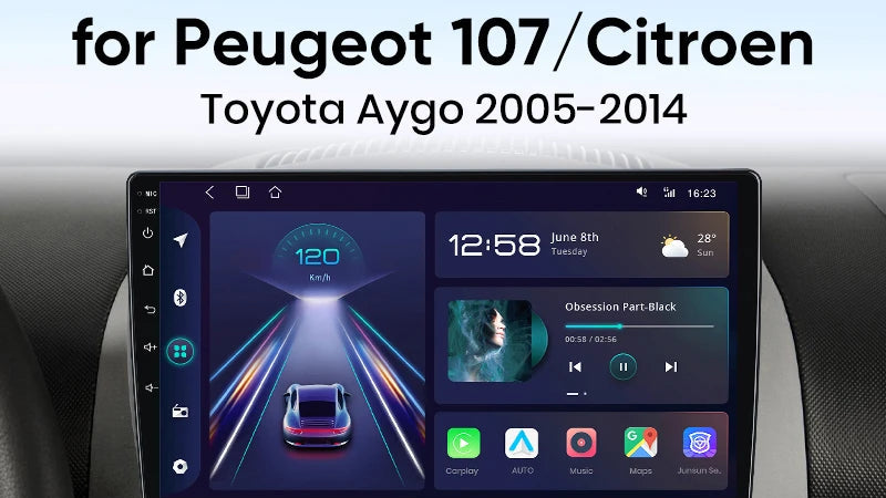 Junsun-Autoradio sans fil Android 14, CarPlay pour Apple Auto, Stéréo pour KIT 107, Toyota Aygo, Cristaux en GPS, Limitation de l'écran tactile MyCarPlay
