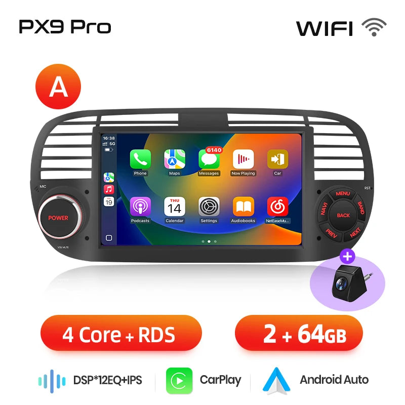 AWESAFE-Autoradio CarPlay sans fil pour Apple, Android 13, taxable 500, Abarth 2007, 2008, 2009-2015, écran de limitation, stéréo, GPS MyCarPlay