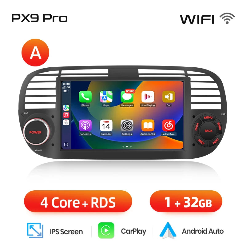 AWESAFE-Autoradio CarPlay sans fil pour Apple, Android 13, taxable 500, Abarth 2007, 2008, 2009-2015, écran de limitation, stéréo, GPS MyCarPlay