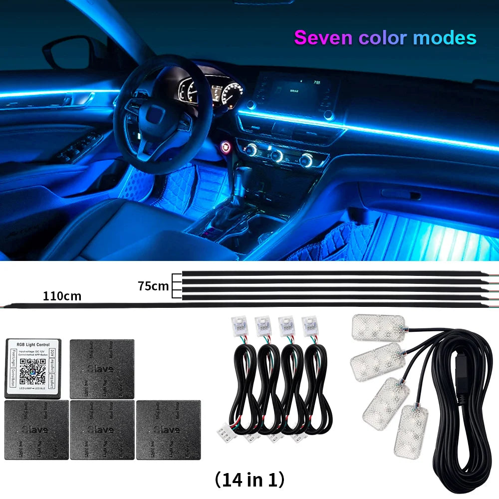 6/10/14/18 en 1 Led Acrylique Lumière Ambiante De Voiture RVB 64 213 Couleur Symphonie Acrylique APP Contrôle Bluetooth Streamer Atmosphère Lampe Kit 12V Une Zone Double Zone MyCarPlay
