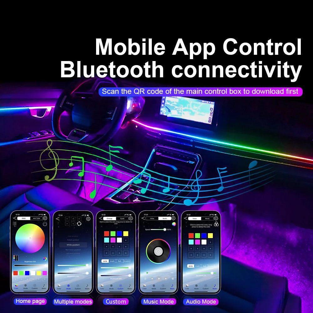 6/10/14/18 en 1 Led Acrylique Lumière Ambiante De Voiture RVB 64 213 Couleur Symphonie Acrylique APP Contrôle Bluetooth Streamer Atmosphère Lampe Kit 12V Une Zone Double Zone MyCarPlay