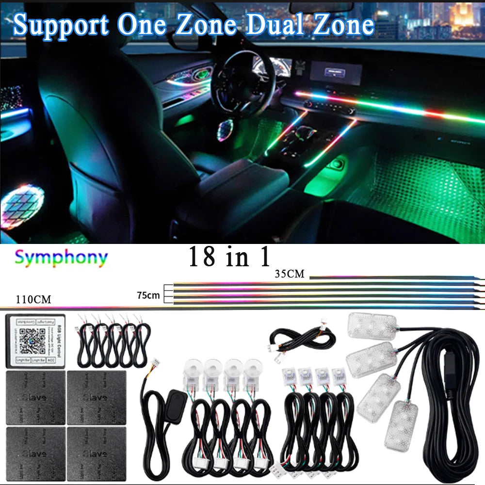 6/10/14/18 en 1 Led Acrylique Lumière Ambiante De Voiture RVB 64 213 Couleur Symphonie Acrylique APP Contrôle Bluetooth Streamer Atmosphère Lampe Kit 12V Une Zone Double Zone MyCarPlay