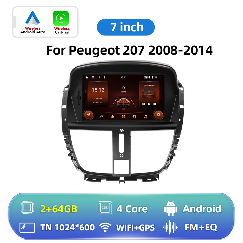 Hikity-Autoradio Android 2Din avec Écran Tactile de 7 Pouces, Navigation GPS, Récepteur FM RDS, Bluetooth, pour Voiture KIT 207 (2008-2014) MyCarPlay