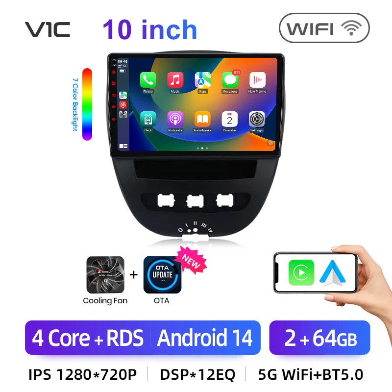 Junsun-Autoradio sans fil Android 14, CarPlay pour Apple Auto, Stéréo pour KIT 107, Toyota Aygo, Cristaux en GPS, Limitation de l'écran tactile MyCarPlay