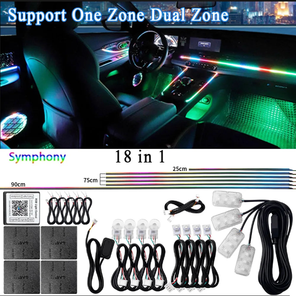 6/10/14/18 en 1 Led Acrylique Lumière Ambiante De Voiture RVB 64 213 Couleur Symphonie Acrylique APP Contrôle Bluetooth Streamer Atmosphère Lampe Kit 12V Une Zone Double Zone MyCarPlay