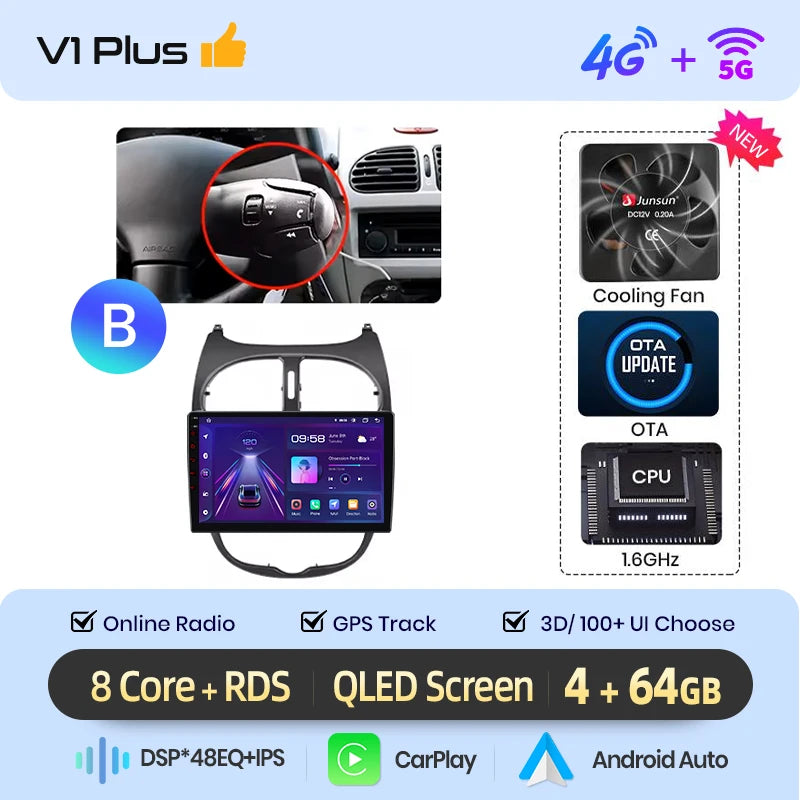Junsun Android sans fil CarPlay Auto autoradio pour Peugeot 206 206CC 206SW 2001-2008 systèmes intelligents de voiture DSP SWC RDS GPS FM MyCarPlay
