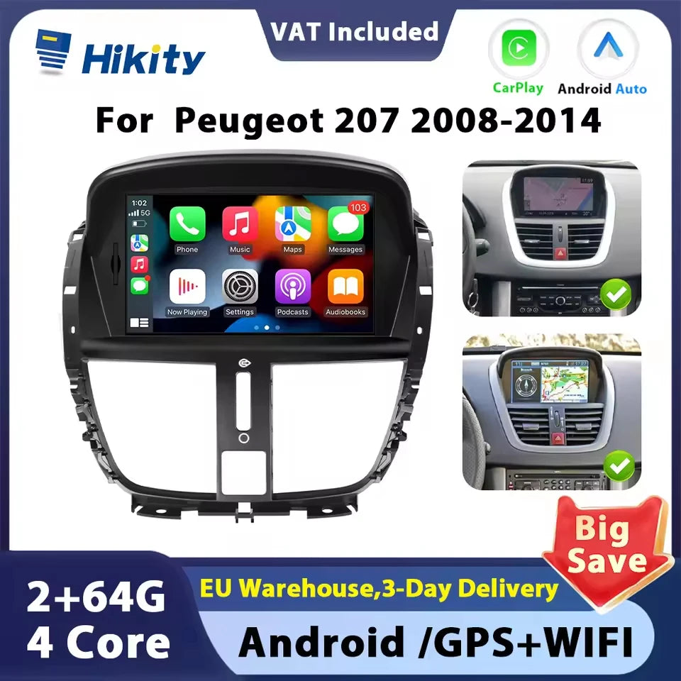 Hikity-Autoradio Android 2Din avec Écran Tactile de 7 Pouces, Navigation GPS, Récepteur FM RDS, Bluetooth, pour Voiture KIT 207 (2008-2014) MyCarPlay
