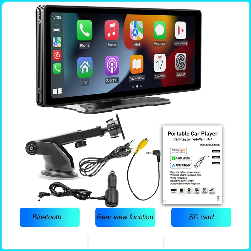 BQCC 10.26 Inch Portable Wireless Carplay Screen HD Rear Reversing Camera Car Radio DVR MP5 Multimedia Video Player Android Auto MyCarPlay
