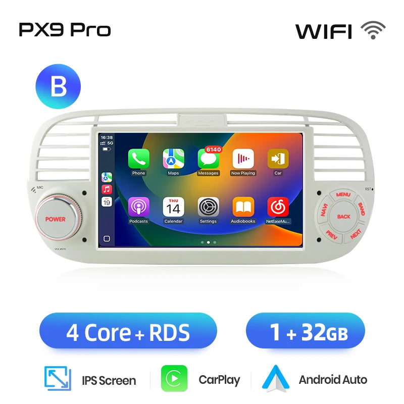 AWESAFE-Autoradio CarPlay sans fil pour Apple, Android 13, taxable 500, Abarth 2007, 2008, 2009-2015, écran de limitation, stéréo, GPS MyCarPlay