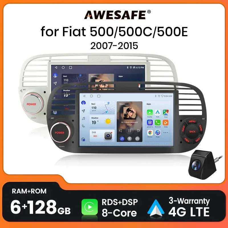 AWESAFE-Autoradio CarPlay sans fil pour Apple, Android 13, taxable 500, Abarth 2007, 2008, 2009-2015, écran de limitation, stéréo, GPS MyCarPlay