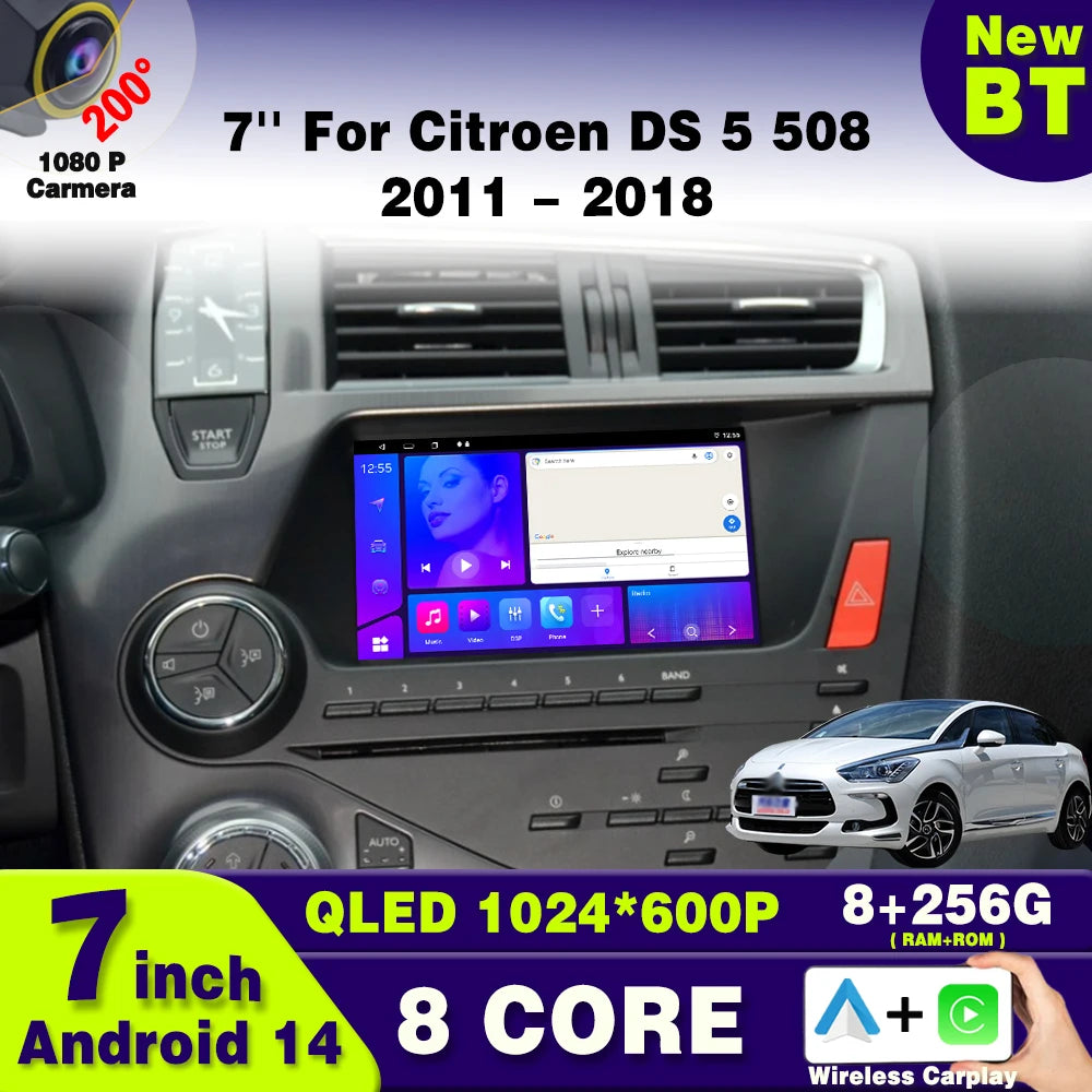 7 ''Android 14 autoradio pour citroën DS 5 DS5 508 2011 2014 2015 - 2018 multimédia autoradio lecteur écran unité principale Carplay 4G MyCarPlay