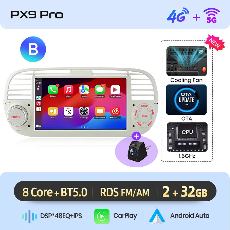 AWESAFE-Autoradio CarPlay sans fil pour Apple, Android 13, taxable 500, Abarth 2007, 2008, 2009-2015, écran de limitation, stéréo, GPS MyCarPlay