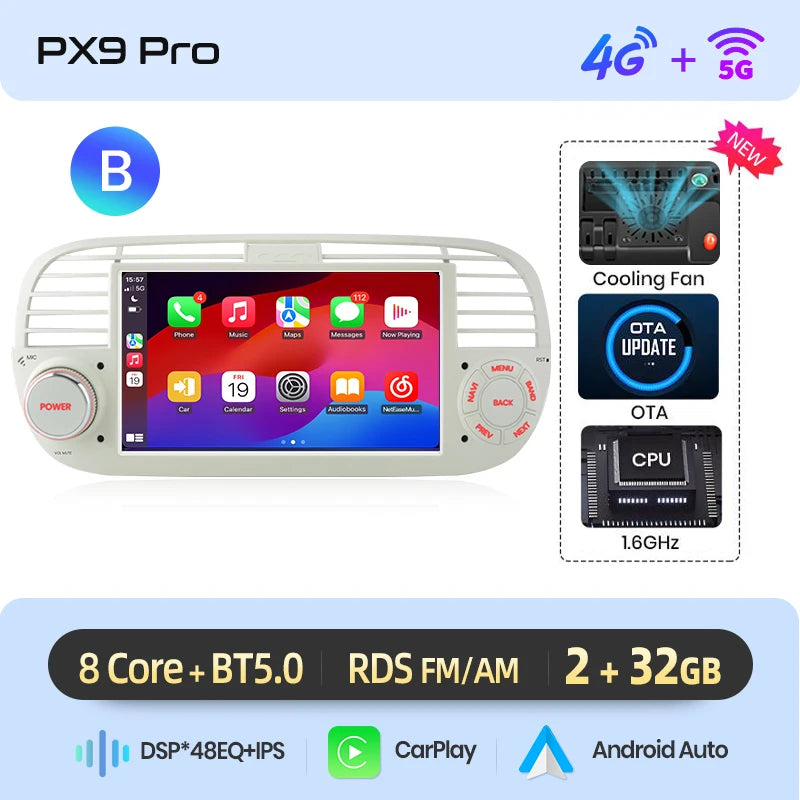 AWESAFE-Autoradio CarPlay sans fil pour Apple, Android 13, taxable 500, Abarth 2007, 2008, 2009-2015, écran de limitation, stéréo, GPS MyCarPlay