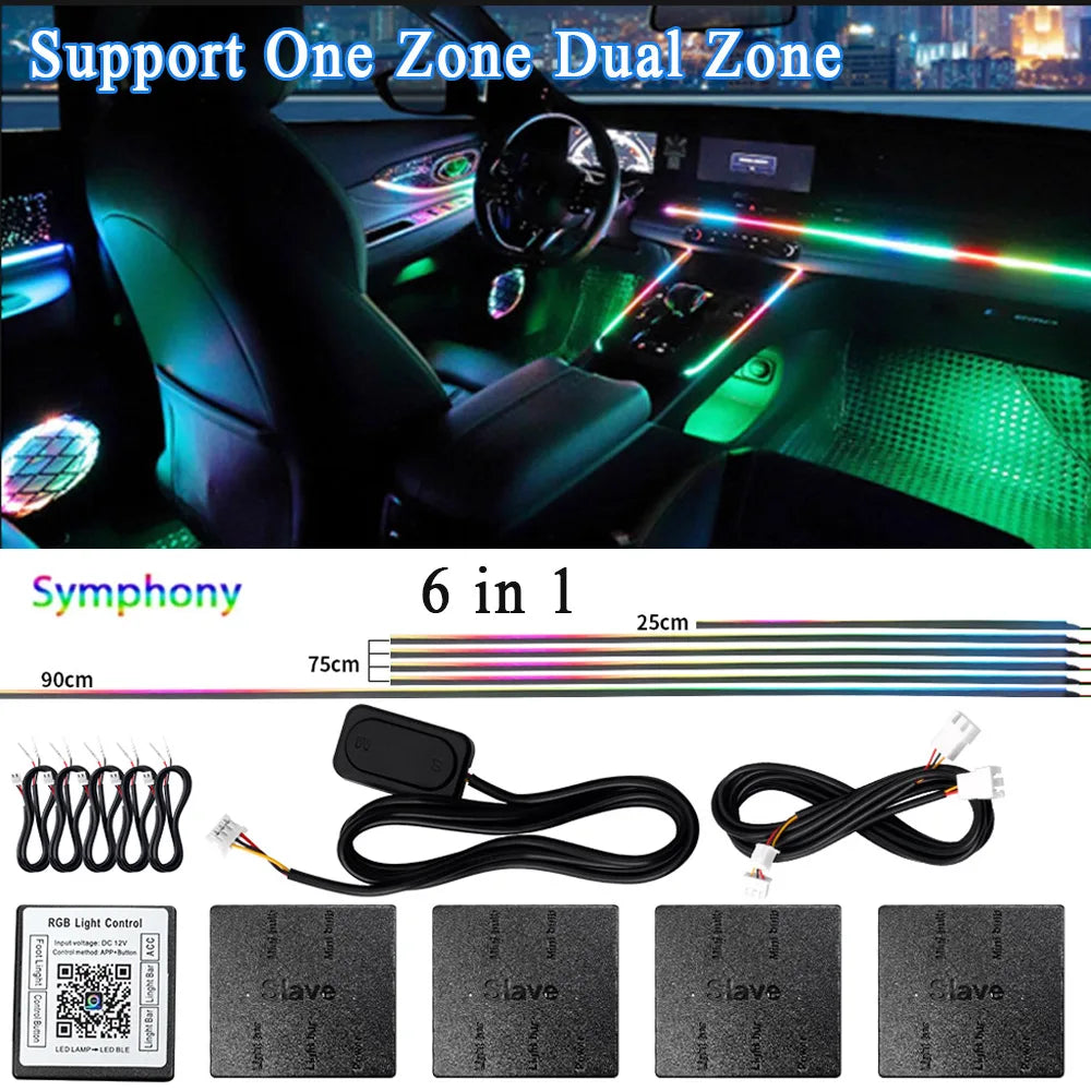 6/10/14/18 en 1 Led Acrylique Lumière Ambiante De Voiture RVB 64 213 Couleur Symphonie Acrylique APP Contrôle Bluetooth Streamer Atmosphère Lampe Kit 12V Une Zone Double Zone MyCarPlay