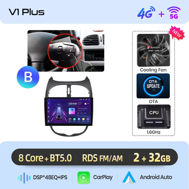 Junsun Android sans fil CarPlay Auto autoradio pour Peugeot 206 206CC 206SW 2001-2008 systèmes intelligents de voiture DSP SWC RDS GPS FM MyCarPlay