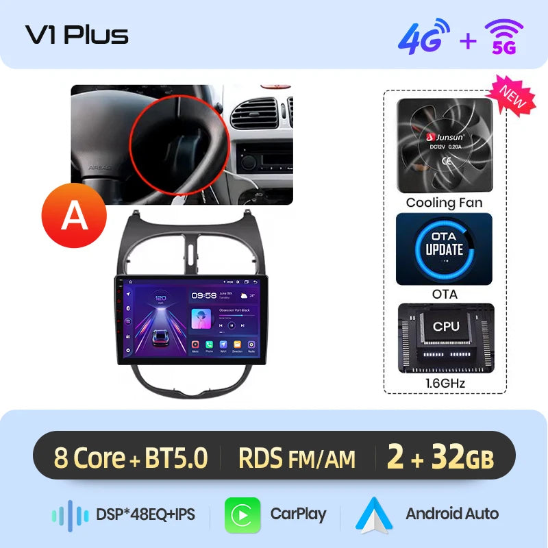 Junsun Android sans fil CarPlay Auto autoradio pour Peugeot 206 206CC 206SW 2001-2008 systèmes intelligents de voiture DSP SWC RDS GPS FM MyCarPlay