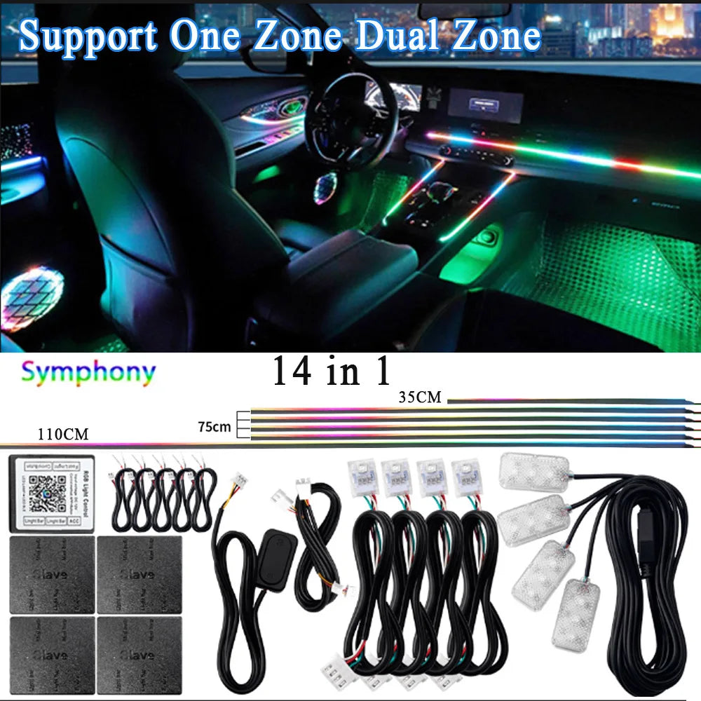 6/10/14/18 en 1 Led Acrylique Lumière Ambiante De Voiture RVB 64 213 Couleur Symphonie Acrylique APP Contrôle Bluetooth Streamer Atmosphère Lampe Kit 12V Une Zone Double Zone MyCarPlay