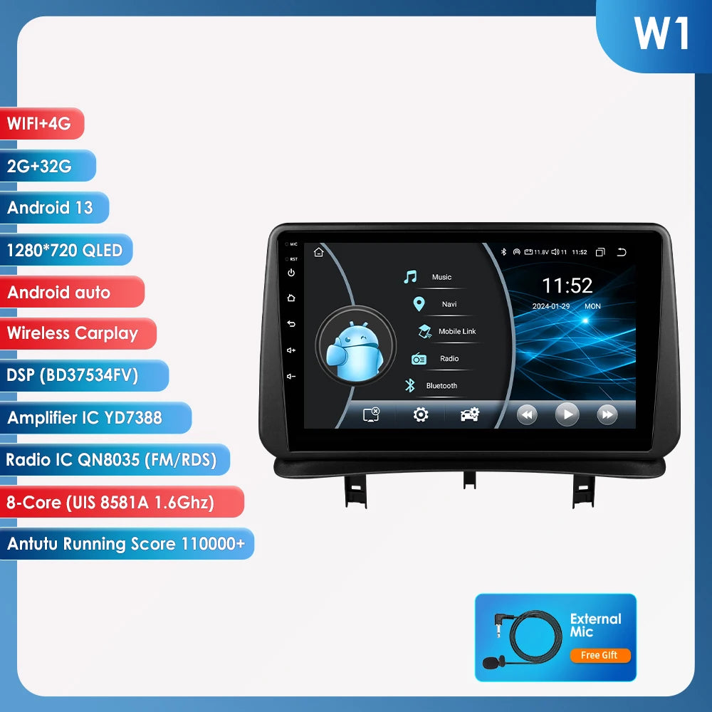 Hizpo Car Radio Autoradio for Renault Clio 3 2005 2006 2007-2014 Multimedia Player Wireless CarPlay Android Auto Stereo GPS 4G MyCarPlay