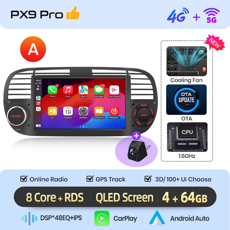 AWESAFE-Autoradio CarPlay sans fil pour Apple, Android 13, taxable 500, Abarth 2007, 2008, 2009-2015, écran de limitation, stéréo, GPS MyCarPlay