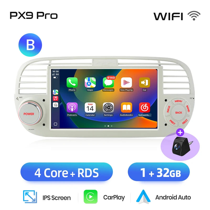 AWESAFE-Autoradio CarPlay sans fil pour Apple, Android 13, taxable 500, Abarth 2007, 2008, 2009-2015, écran de limitation, stéréo, GPS MyCarPlay