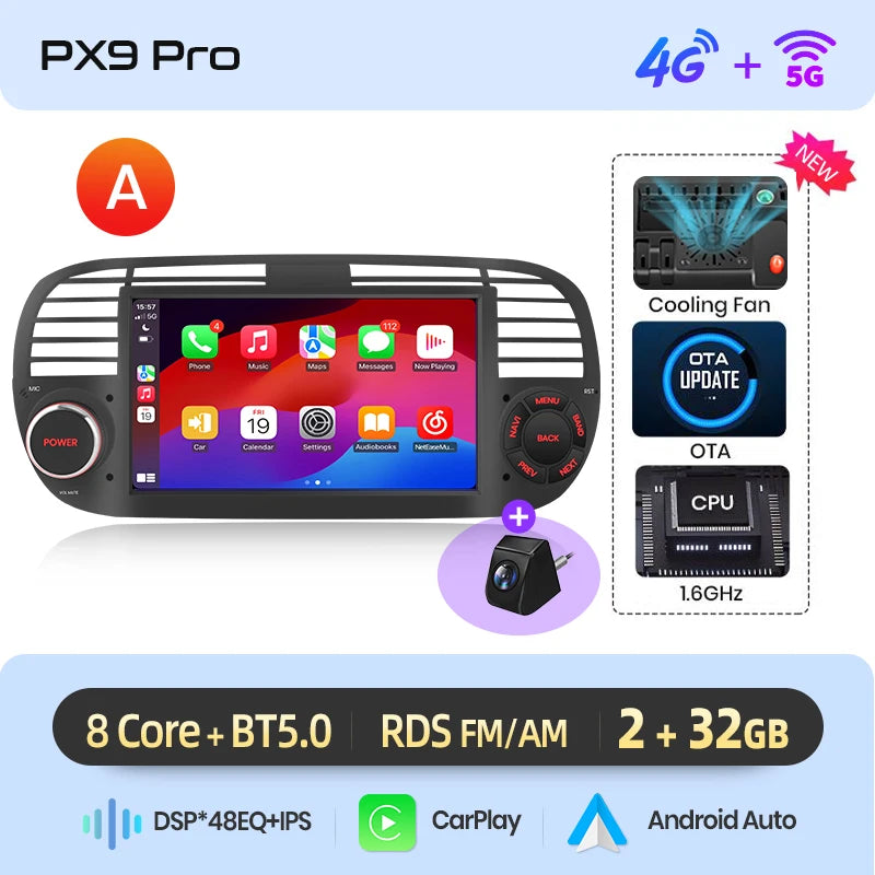 AWESAFE-Autoradio CarPlay sans fil pour Apple, Android 13, taxable 500, Abarth 2007, 2008, 2009-2015, écran de limitation, stéréo, GPS MyCarPlay