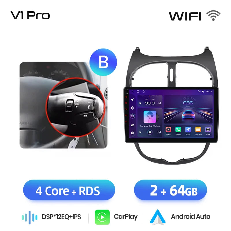 Junsun Android sans fil CarPlay Auto autoradio pour Peugeot 206 206CC 206SW 2001-2008 systèmes intelligents de voiture DSP SWC RDS GPS FM MyCarPlay