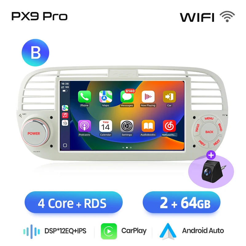 AWESAFE-Autoradio CarPlay sans fil pour Apple, Android 13, taxable 500, Abarth 2007, 2008, 2009-2015, écran de limitation, stéréo, GPS MyCarPlay