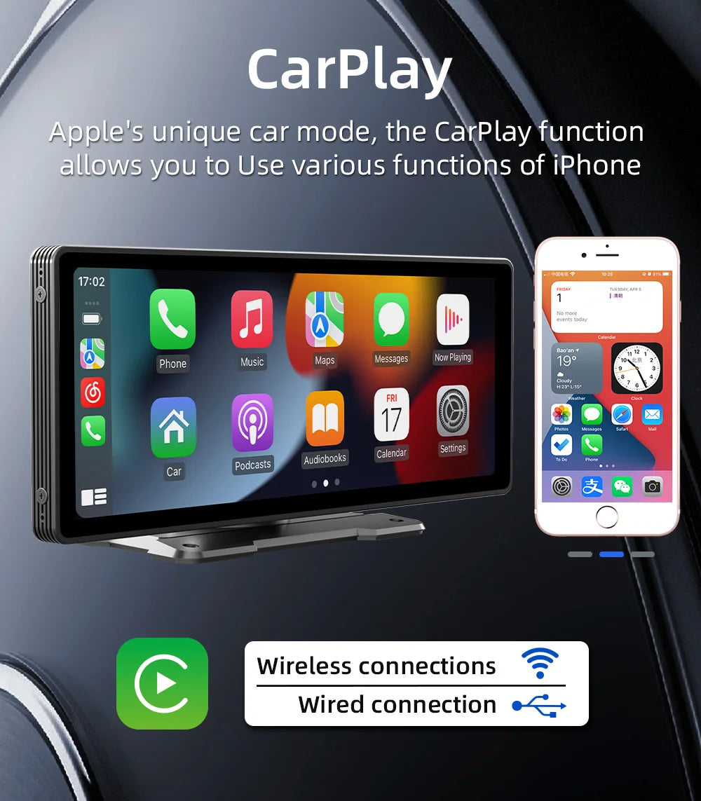 BQCC 10.26 Inch Portable Wireless Carplay Screen HD Rear Reversing Camera Car Radio DVR MP5 Multimedia Video Player Android Auto MyCarPlay