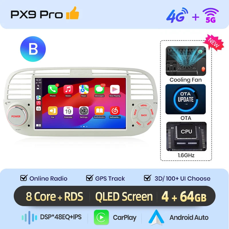 AWESAFE-Autoradio CarPlay sans fil pour Apple, Android 13, taxable 500, Abarth 2007, 2008, 2009-2015, écran de limitation, stéréo, GPS MyCarPlay